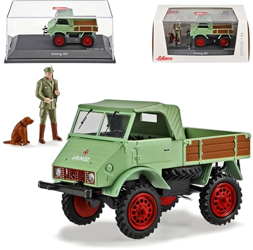 Mercedes-B Unimog U401 Grün Pritsche mit Jäger Figur und Hund 1953-1956 1/43 Schuco Modell Auto mit individiuellem Wunschkennzeichen