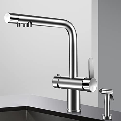 Cocina con Grifo de Tres Vías, Grifo de Cocina con Agua de Latón Fría Y Caliente, Fregadero de Gas Multifuncional con Grifo de Tres Vías + Oro Rosa, GeRRiT, Cromo