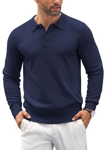 COOFANDY Mens Polo Jumper Long Sleeve Poloshirts Knitted Sweater Basic Sweatshirts Solid Color Pullover Navy Blue 3XL