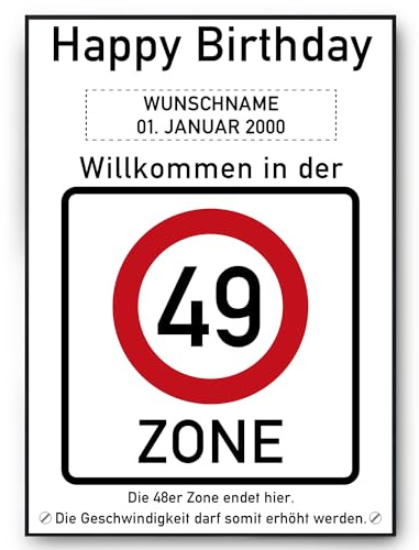 Tigerlino® 49. Geburtstag Geschenkidee personalisiert Verkehrszeichen Karte Happy Birthday 49 Jahre Geburtstagsgeschenk Deko Geburtstagskarte 49er Zone A4 Bild