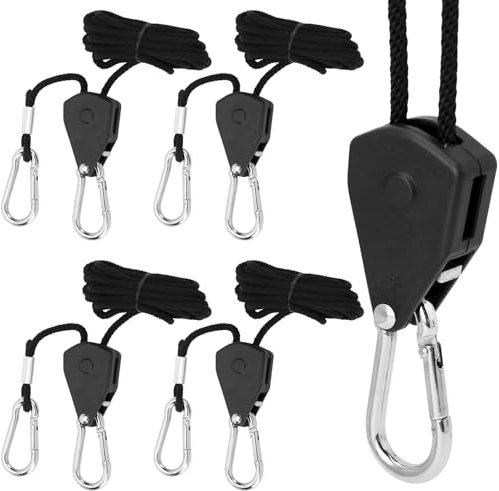 QWORK® 4 Pezzi Puleggia Ratchets, Cricchetto di Corda Regolabili con Gancio per Piante, Luci, Tende, Capacità di Carico 68 kg, Lunghezza Corda 2 m