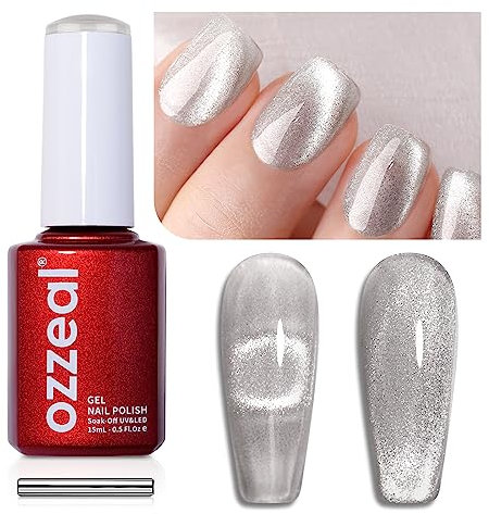 Ozzeal Cat Eye UV Gel Nagellack, Silber Crystal Magnetischer Katzenauge UV Nagellack Frühling Sommer Glitter Gel Nagellack Holographisch Shimmer Gel Nail Polish Soak Off UV Led 15ML