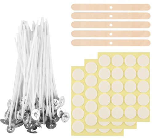 Kerzendochte zur Herstellung von Kerzen, 100 Stück, 20 cm, Baumwolle, vorgewachst, mit 5 Kerzendochthaltern und 3 Bögen Punkt-Aufklebern, für Kerzenherstellung, DIY Kerzenhandwerk