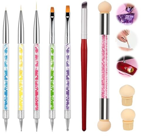 Ensemble de Pinceau Nail Art Ongles, 5 Pièces Double Pinceaux en Détail à Ongles, Double tête brosse éponge Outil avec 2 têtes de Brosse de Rechange, Outil Nail Art ongles Accessoires