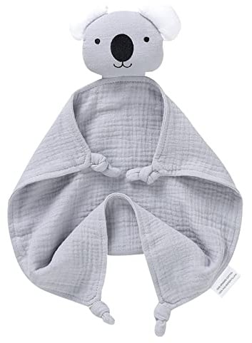 LAWKUL Baby-Schmusedecke für Neugeborene Musselin Bio-Baumwolle weiches Kuscheltier für Jungen und Mädchen 40x40cm Koala-Grau