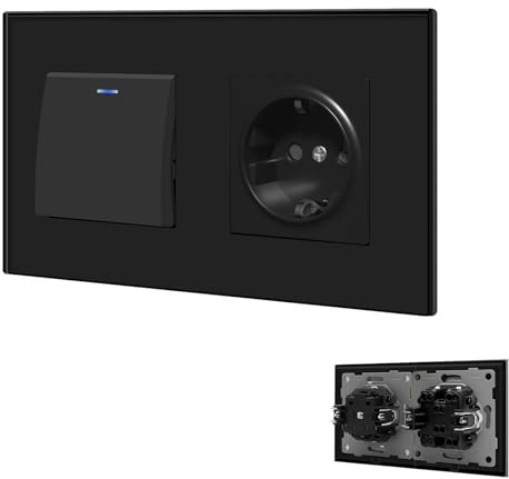 BSEED Interruptor de Cristal 1 Gang 1 Vía + Enchufe Schuko, Interruptor Pulsador Empotrable con Indicador Luminoso LED, Interruptor de Pared para Salón, Oficina, Cocina -Negro