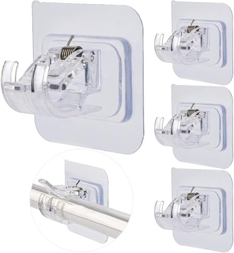 Lot de 4 supports de tringle à rideaux en plastique transparent sans perçage - Sans perçage - Crochets de tringle réglables sans clous - Pour la maison, la salle de bain, la cuisine et l'hôtel