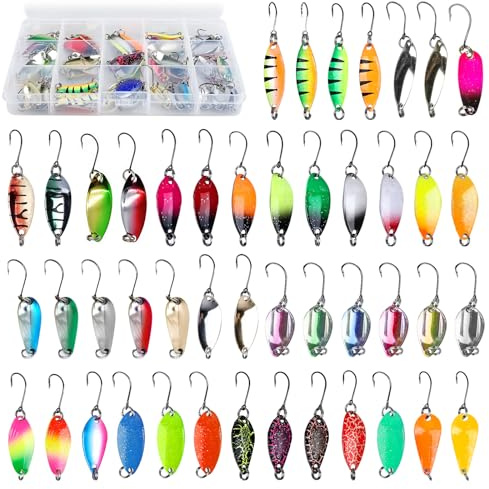 GBKDQQ Forellenköder 46 Stück Forellen Spoon Set Spoons Forelle Forellenblinker Einzelhaken Set Blinker Angeln Set Spoons Forelle Set mit Aufbewahrungsbox Angelzubehör für Barsch, Zander, Hecht