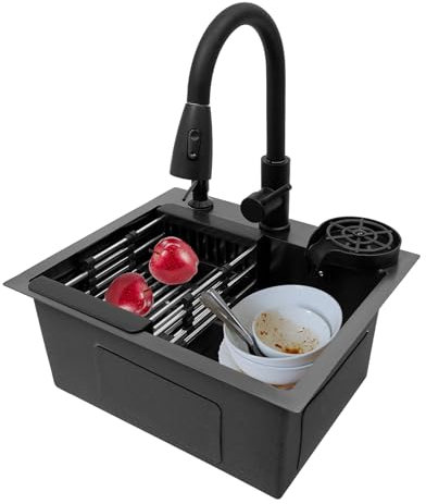 Spülbecken 45 x 40 cm Küchenspüle Schwarz Küchenwaschbecken Edelstahl, ausziehbar, 360 °, mit Spüle + Abflusskorb + Seifenspender für Spülbecken, Unterbau