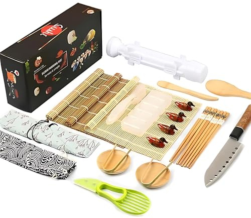Sushi Making Kit 26 in 1 Bazooka Roller Set with Knife, Bamboo Mats, Rice Mold, Rice Paddle, Spreader, Chopsticks, Avocado Slicer Easy DIY Sushi Maker Rolls Kits for Beginner 12 Tools