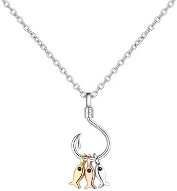 Nette Fische und Angelhaken Halskette, Niedlichen Angelhaken mit kleinen Fischen Anhänger Halskette, Damen Angelhaken Fische Biss Haken Anhänger Schmuck Für Beste Freundin Geschenk, (40cm + 3,5cm)