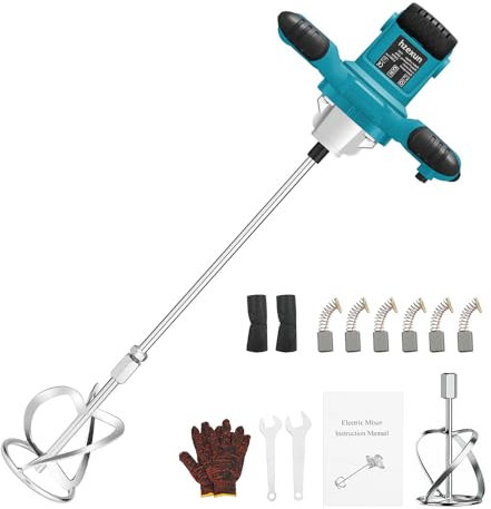 hzexun 2100W Farb-Mörtelrührer,Rührwerk betonrührer, 6-Gang-Getriebe 800U/min, M14 Spiralstange 60cm, Handmischer für Mischgut Beton, Mörtel, Putz, Farbe, Kleber und Zement (Blau)