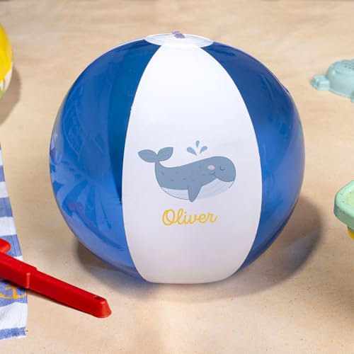 Wanapix | Pelota de Playa Personalizada | Balón de Playa Hinchable con Nombre | Diseño Infantil Ballena | Diseño Bicolor Azul y Blanco | Plástico PVC | para Playa o Piscina | Ballena