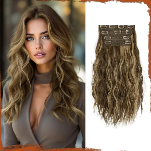 Sofeiyan Clip in Extensions, 4PCS 40 cm Haarverlängerung für Damen, Lockige Dicke Synthetische Haarextensions zum Einklippen Natürliches Weiches Clip in Haarteil – Honigblond mit Hellbraun