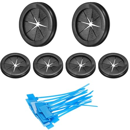 sourcing map 6Pcs 1-3/8(35mm) ID, 1-9/16 (40mm) Drill Hole, Double Sided Grommets Round Firewall Hole Plug with Marker Cable Ties for Home Office Cable Wire Protection, Black