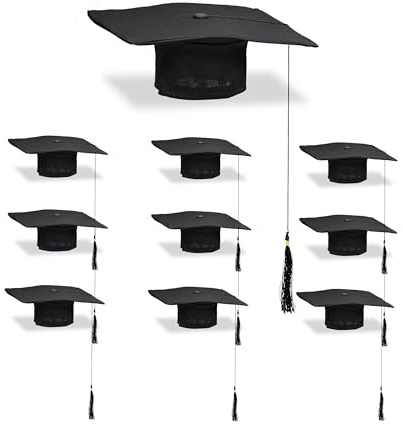 Relaxdays Doktorhut, 10er Set, Absolventenhut mit Quaste, für Abitur, Bachelor- & Masterabschluss, Abschlusshut, schwarz