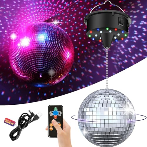 Disco Ball with Motor and Light | 5/8/10/15 RPM Adjustable Speed Rotating | Motor with 6 Inch Hanging Mirror Ball | 4 Light Colors and 18 LEDs for DJ Club | Theme Party