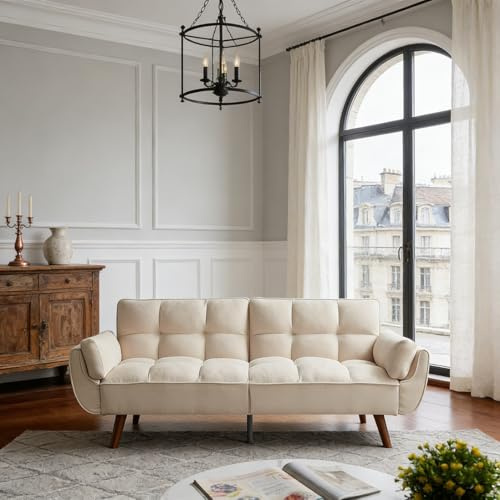 JIEXI Adjustable Backrest 3-Seater Sofa, Modern Scandinavian-Style Convertible Sofa Bed, Breathable Upholstery with Solid Wood Legs, for Living Rooms & Small Apartments, Beige