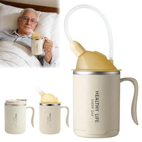 SGZIOO Beakers for Elderly 450ml, 3 in 1 Sippy Cup for Adults, Non Spill Cups for Elderly, Adult Sippy Cups for The Elderly Non Spill, with Lid, Straw, Brush, Aids for Daily Living (Off-White)