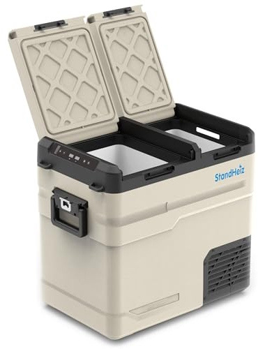 StandHeiz Kompressor Kühlbox 55L – Dual Zone Mini Kühlschrank mit App-Steuerung, 12V/24V/230V für Auto, LKW, Wohnmobil & Camping, Gefrierfunktion bis -20°C, Beige-Schwarz