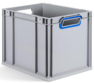 aidB Eurobox NextGen 2.0 - 400x300x320mm – Stapelbare 30L Kunststoffbox mit offenen Griffen – Lagerbox für Aufbewahrung, Transport & Organisation – Industriequalität - inkl. ColorClips in Blau