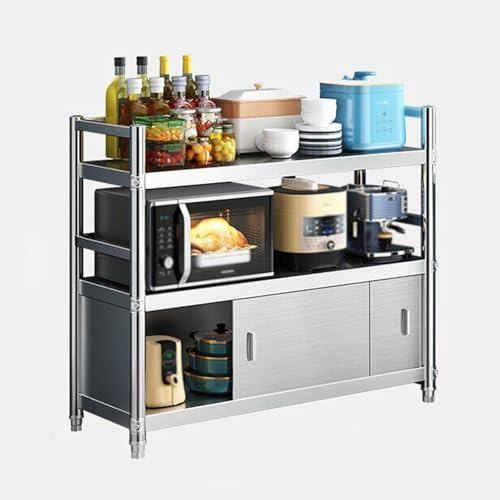 3/4/5-Shelf Stainless Steel Table with Sliding Door Cabinets, Multi-Tier Floor-Standing Storage Rack with Guardrails — Oven, and Cabinet Organizer(3-Tier: H 100 cm (39.4 in),60*50cm/23.6*19.7in)