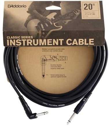D’Addario Accessories Classic Series Guitar Cable - Instrument Cord with ¼ Inch Ends - Durable & Reliable - Bass or Guitar Cord - Right Angle - 20 feet