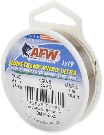 AFW American Fishing Wire Surfstrand Micro Ultra, Bare 1x19 Stainless Steel Leader Wire, 61 lb Test, 0.020 Diameter, Camo, 5 m