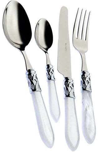BUGATTI, Aladdin, Set Posate 24 Pezzi in Acciaio Inox 18/10, Ghiera Cromata e Manico Colore Bianco Effetto Madreperla. Set Posate 6 Persone: 6 cucchiai, 6 forchette, 6 coltelli e 6 cucchiaini caffè