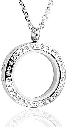 Jovivi 30mm Living Floating Charm Memory Locket Necklace, 316 Surgical Stainless Steel Round Crystals, Magnetic Closure,Mothers Day Gifts