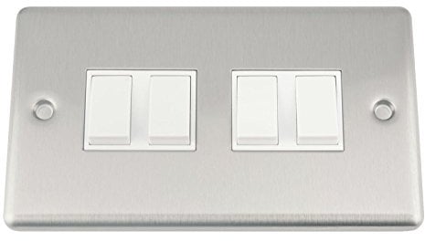 A5 Light Switch - Quad 4 Gang 2 Way - Satin Brushed Chrome - Classic Style White Insert Plastic Rocker Switch