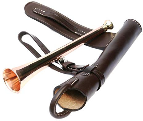 Gamekeepers Cottage Gifts - Corno da caccia in rame in custodia in pelle con cinghia da sella, regalo