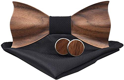 Holzfliege männer holz fliege herren klassische 3d geprägte hölzerne Fliege Set Plaid Quadrat Schal Manschettenknöpfe Lässige Massivholz Umweltschutz Set (Schwarz)
