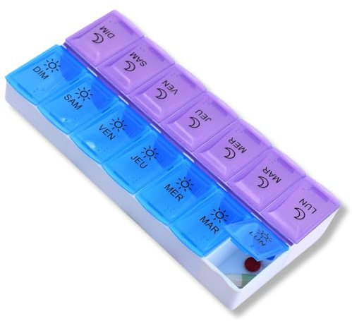 MEDIPILL - Pilulier Semainier Français | Organisation Hebdomadaire des Médicaments | 7 jours | 14 Compartiments | Matin et Soir | Sans BPA | Une Pièce | MED-S14
