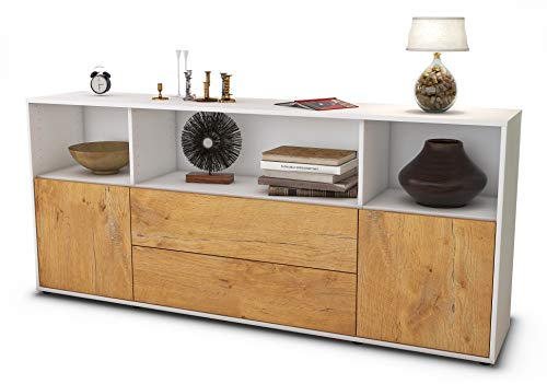 Stil.Zeit Sideboard Enza, Korpus Weiss matt, Front Holz-Design Eiche (180x79x35cm) Push-to-Open Technik & Leichtlaufschienen