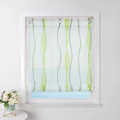ESLIR Raffrollo mit Ösen Gardinen Küche Raffgardinen Transparent Ösenrollo Vorhänge Mit Wellen-Druck Modern Voile Grün BxH 120x140cm 1 Stück