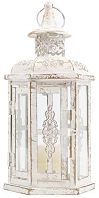 JHY DESIGN Dekorative Kerzenlaterne Vintage-Stil hängende Laterne 25cm hoch für LED Kerzen Metall-Kerzenhalter für Innen Außenbereich Veranstaltungen Paritäten Hochzeiten(Weiß mit goldfarbener Bürste)