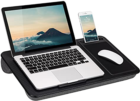 LAPGEAR Home Office 91588 Schoßschreibtisch mit Geräteleiste, Mauspad und Handyhalterung, Schwarz, Carbon, passend für Laptops bis zu 39,6 cm (15,6 Zoll)