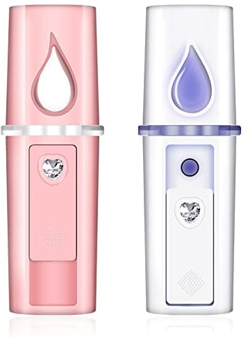 2 Pcs Nano Facial Mister Summer Portable Mini Face Mist Handy Sprayer Face Hydration Spray with USB Rechargeable Mirror Function for Skin Care Eyelash Extension Makeup(Pink,White)