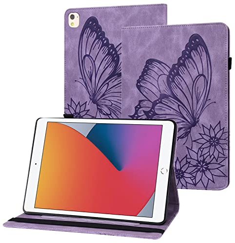 Rostsant Coque iPad 9e/8e/7e Génération, iPad Air 3 Papillon en Relief Etui en Cuir PU Portefeuille Porte-Stylo Housse de Protection pour iPad 2021/2020/2019, iPad Air 3, iPad Pro 10.5 - Violet