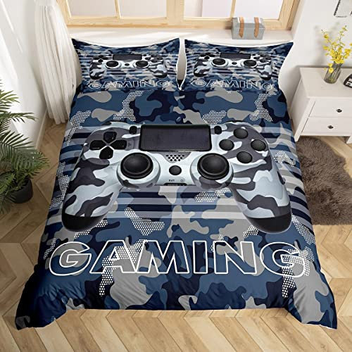 Loussiesd Gamer-Bettwäsche-Set für Kinder und Jungen, Camouflage, Gamepad, Bettbezug, Blau, Grau, Camouflage, Gontroller, Einzelbett, 2-teilig