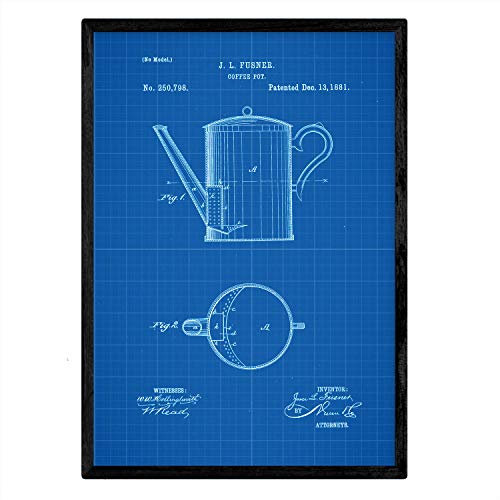 Nacnic Kaffeemaschine Patent Poster Gerahmter Kunstdruck Antik Patent A3 mit blauem Hintergrund Mit Rahmen