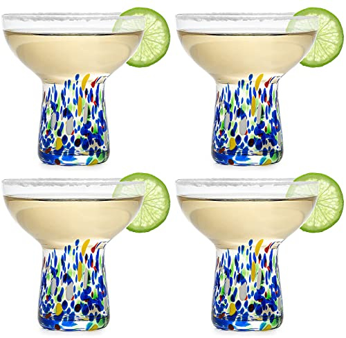 Margarita-Glas ohne Stiel – 4er Set – luxuriöses mundgeblasenes Konfetti Margaritas, für Cocktails, Wasser, Wein, Dessert, Cinco de Mayo, mundgeblasenes Glas – mexikanisches Konfetti-Design
