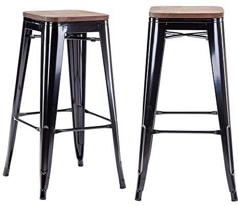 Duhome Barhocker Eisen Barstühle 2er Set, Sitzhöhe 76cm Tresenhocker, Stapelbar Metall Bistrohocker mit Fußstütze, Stizfläche aus Holz, Schwarz+Dunkles Holz