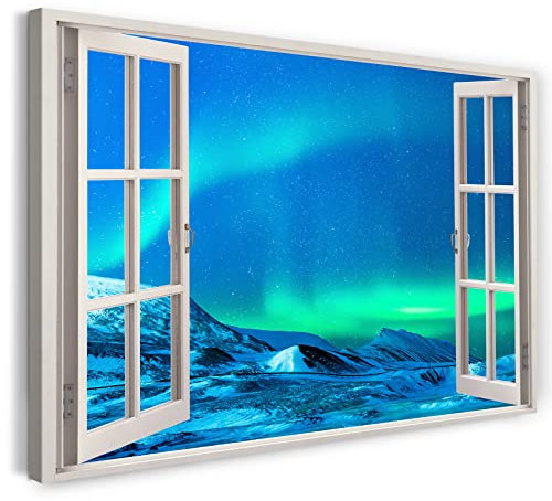 Printistico Leinwandbild (120x80cm) Fensterblick - Nordlichter Nacht Sterne Berg Schnee - Natur-Fotografie, echter Holz-Keilrahmen inkl. Aufhänger, handgefertigt in Deutschland