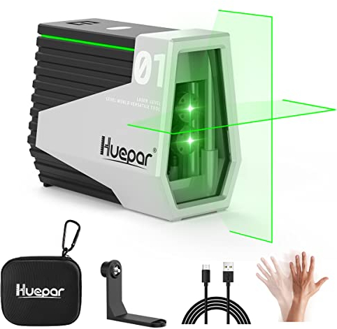 Huepar Laser Nivellier Selbstnivellierend Grüne Kreuzlinien-Laser Wiederaufladbare Laser Nivelliergerät mit Bewegungssensor und Pulsmodus -Winken Sie Ihre Hand, um Laserlinien zu wechseln-E011G