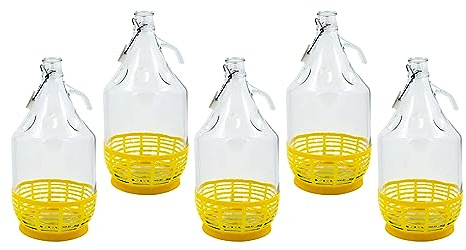 WYSKONT Bouteille de vin Ballon à col étroit avec Couvercle pivotant et Panier pour Le Stockage de Boissons fermentées en Verre Transparent, hermétique, Lot de 5 x 5 l