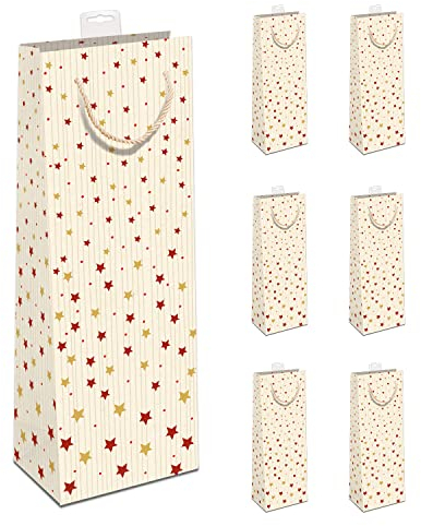 GREENLINE Geschenktaschen für Flaschen 6 Stück Weihnachten Flaschentüten edle Zuckerrohrpapier Geschenktüten 100% Baumfrei für Wein Sekt Champagner Beutel mit Baumwollkordel & Namenskarte (Sterne)