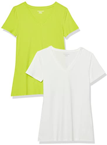 Amazon Essentials Camiseta de Cuello en v de Manga Corta y Ajuste Clásico Mujer, Pack de 2, Verde Lima/Blanco, XS