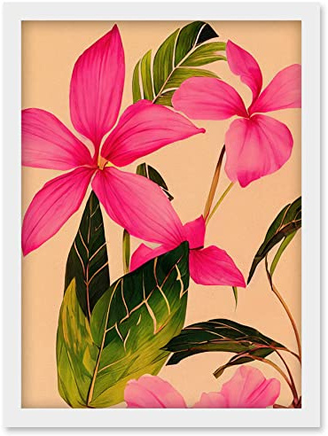 Wee Blue Coo Exotic Pink Plumeria Flower Plant Blooms Watercolour Pencil Illustration Artwork Framed Wall Art Print A4